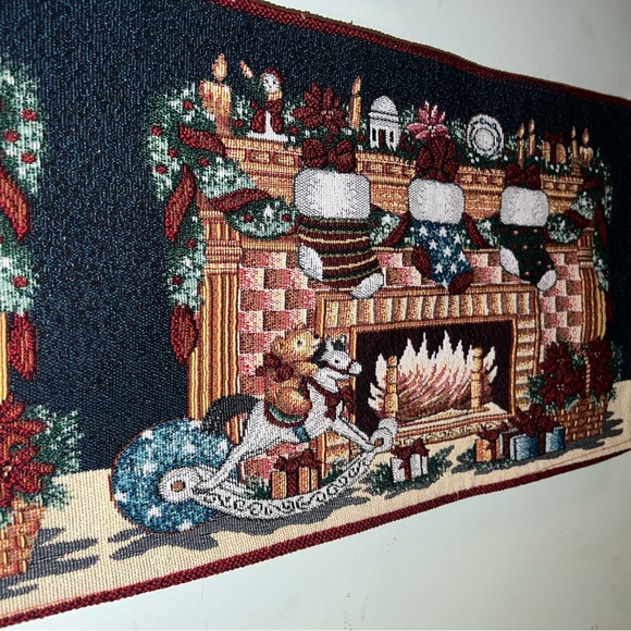 Holiday Table Runner Fireplace with Stockings Rockinghorse 70” Long 12” wide - Picture 9 of 11